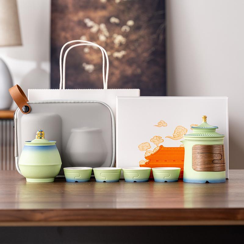 Forbidden City suet jade porcelain kung fu travel tea set, one pot and four cups of business commemorative high-end souvenir