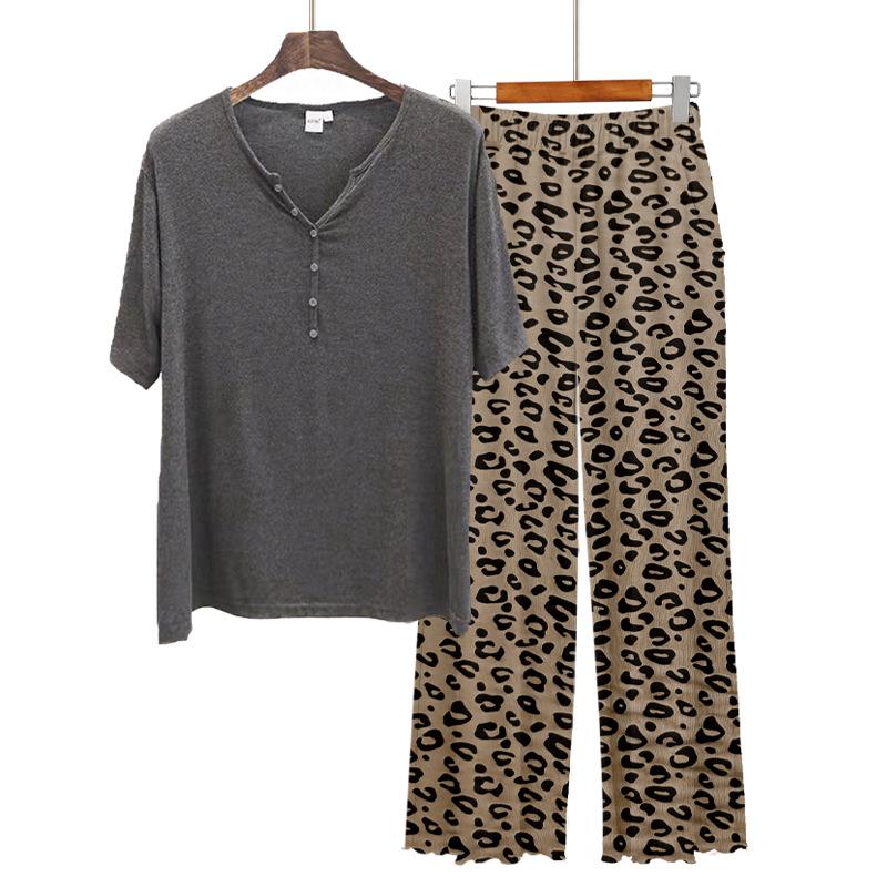 Women's Modal Pajama Sets Summer Short Sleeve Tshirts and Pants Fashion Leopard Homewear Suit Plus Size Loose Casual 2pcs Clothing
