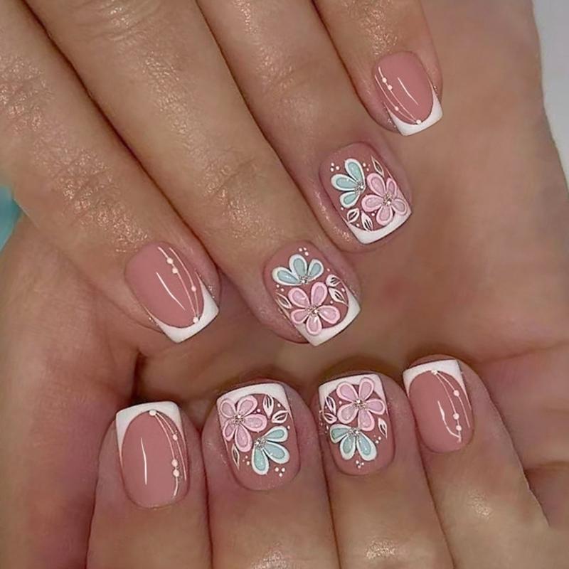 24Pieces Artificial Nail French Tip Pink Flower Glittering Press stick Nail for Women Party and Date Event