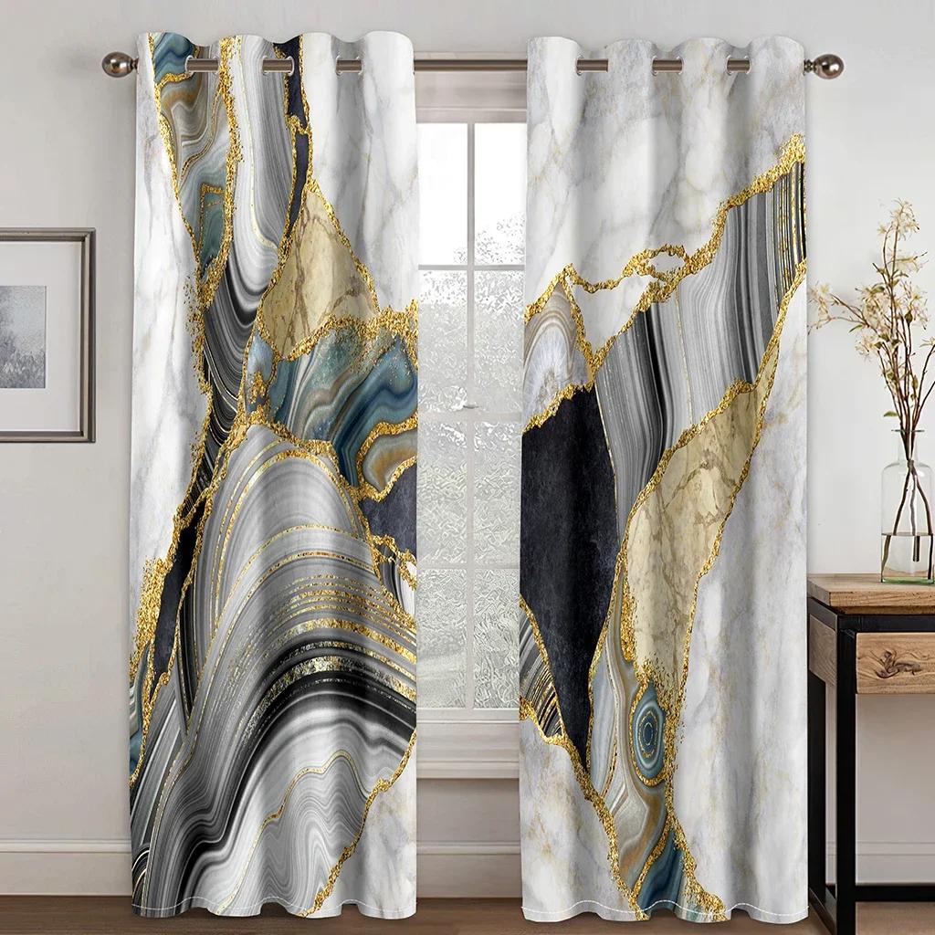 Ready-made Abstract Marble Blue Gold Design Cheap Modern Thin 2 Pieces Curtains for Living Room Bedroom Window Drape Home Decor