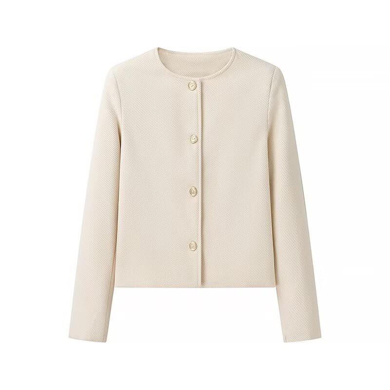 Womens Tweed Jacket Solid Color Round Neck Single Breasted Coat Elegant Casual Outerwear