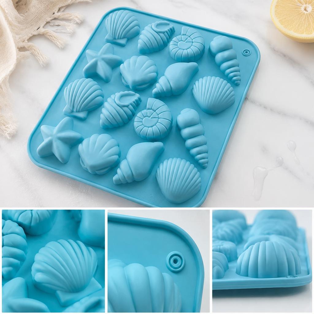 Sea Shell Silicone Mold Blue 16-Cavity Baking Form for Candy, Jelly, Chocolate, Soap and Kitchen DIY Crafts