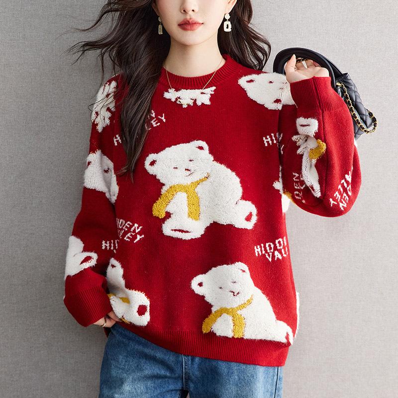 New Red Bear Letter Sweater for Women Round Neck Loose Lazy Pullover Knitted Sweater
