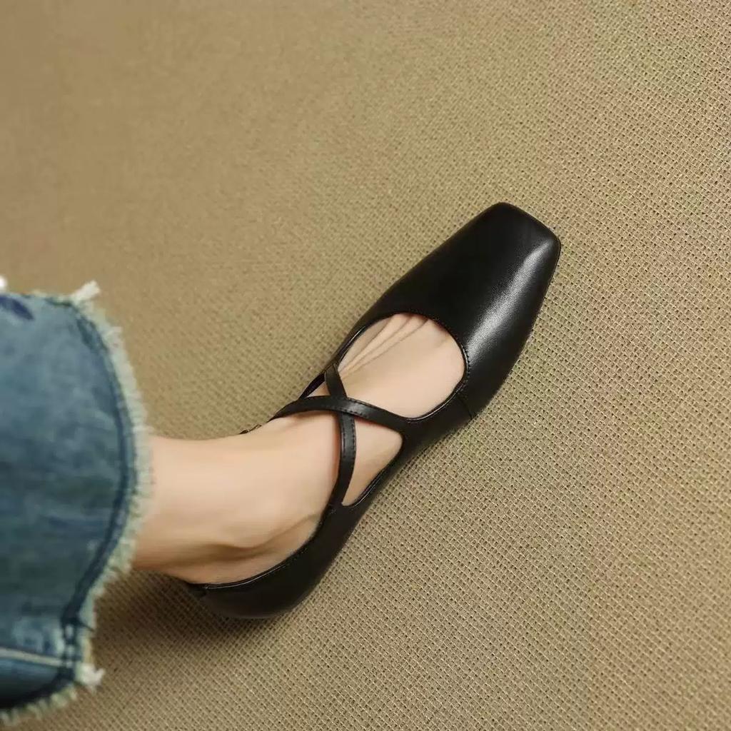 Sheepskin Model~ Retro French Single Shoes Women's Flat Red Shoes Light Mouth Ballet Evening Shoes Cross Belt Mary Jane Shoes