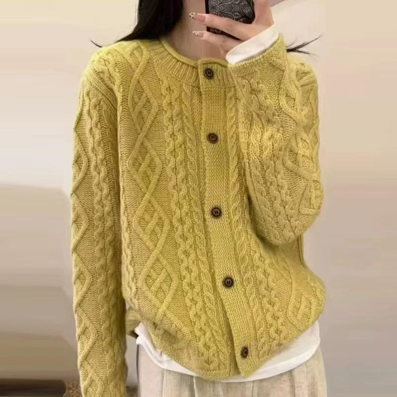 European-Style Heavy Cable-Knit Wool Cardigan for Women - Thick Coarse Wool Sweater Coat for Autumn and Winter 2026