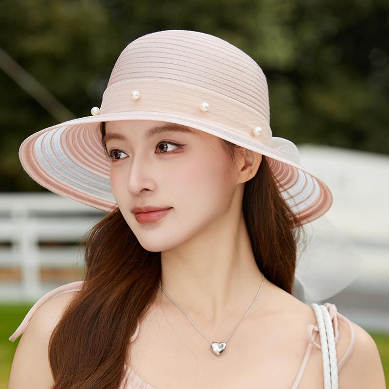 Summer Elegant Organza Fisherman Hat For Women Wide Brim Pearl Bow Sun Hat Mom's UV Protection Beach Hat 2026 New