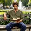 Men’s Cotton Linen Casual Seven Quarter Sleeve Loose Fit Shirt with V Neck and Lightweight Breathable Fabric for Daily Wear