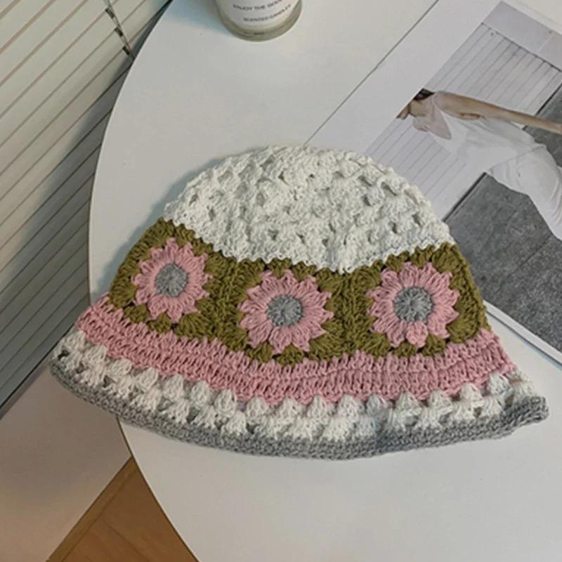 Blumen Gehäkelte Fischerhüte für Damen Handgefertigt Häkeln Hohlbeckenhut Damen Mützen Frühling Sommer Sonnenschutz Sonnenhut Gorro