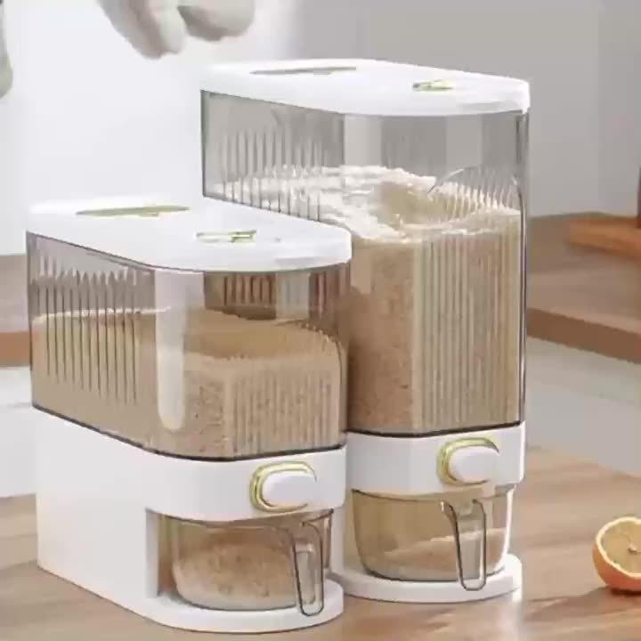 Großer 2-in-1-Reisspender und Vorratsbehälter für trockene Lebensmittel mit Messbecher und Zeitskala, Küchen-Organizer aus Kunststoff mit Klappdeckel für Getreide