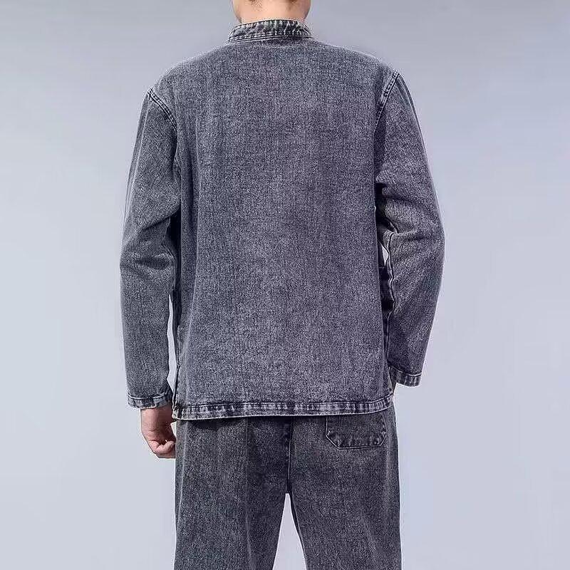 Men's Retro Chinese Style Denim Jacket: Frog Button Patchwork, Stand Collar, Loose Fit