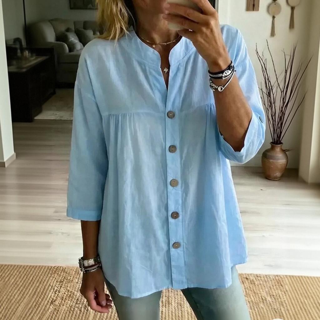 Women Casual Vintage Style Solid Color Button Down Shirt 3/4 Sleeve Loose Fit Blouse Lightweight Comfortable Fabric