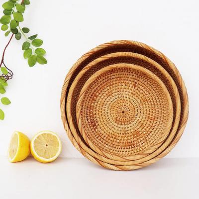 Handcraft Rattan Bread Basket, Flat Wicker Tray With Rolled Edge, Round Decor Storage Organizer For Kitchen Food Picnic Fruit