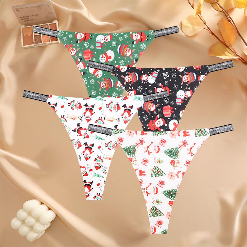 FINETOO 4Pcs Snowflake Santa Claus G-String Sexy Breathable Women's Underwear Low Waist Thong Merry Christmas Panties Diamonds
