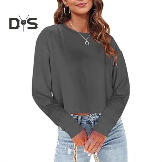 Dámské zkrácené mikiny s dlouhým rukávem, pulovr, fleecový crop top, nadměrná trička s kulatým výstřihem na podzim a zimu