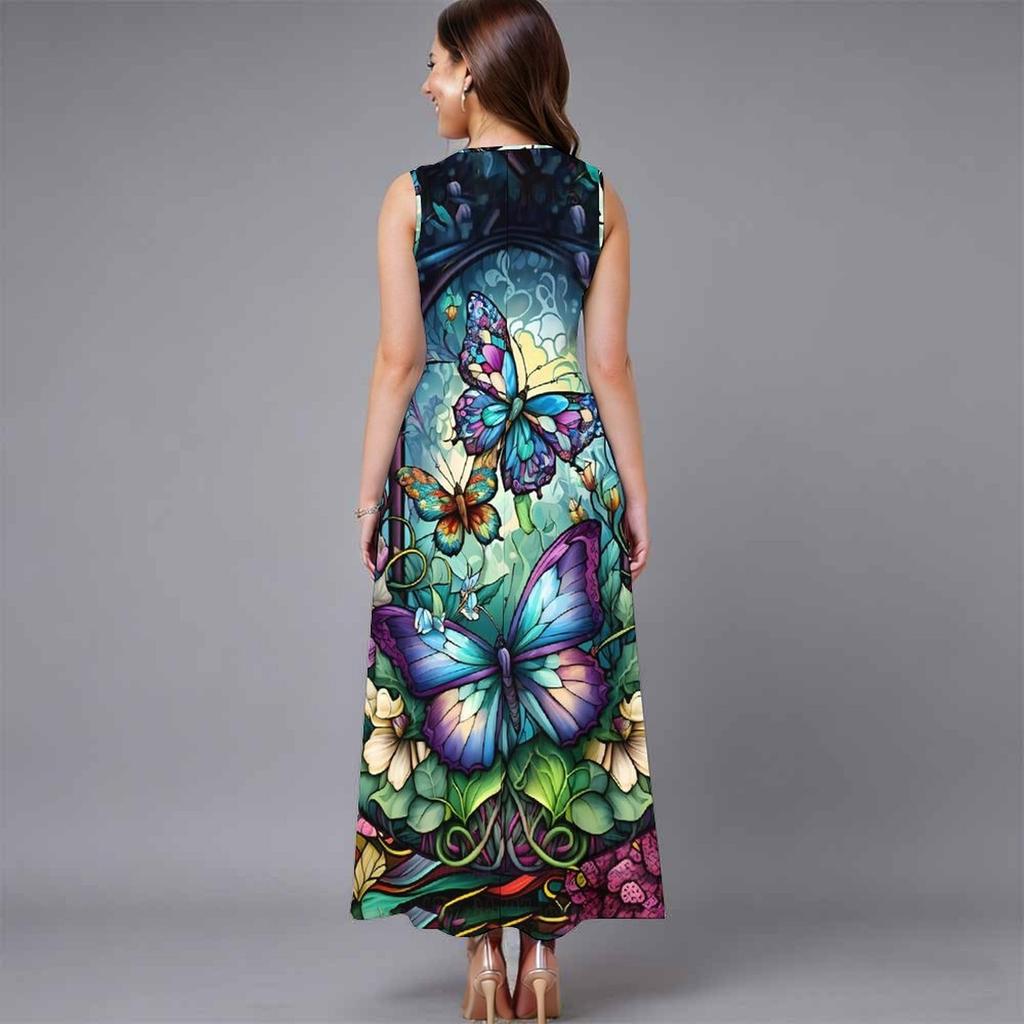 Plus Size Sleeveless Round Neck Dress Retro Tiny Floral Print Flowy Midi Dress