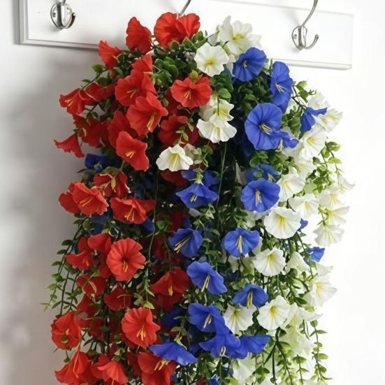 Patriotic Red White Blue Hanging Flowers Artificial Morning Glory Flower Vine UV Resistant Fake Plants for 4th of July Memorial Day Independence Day