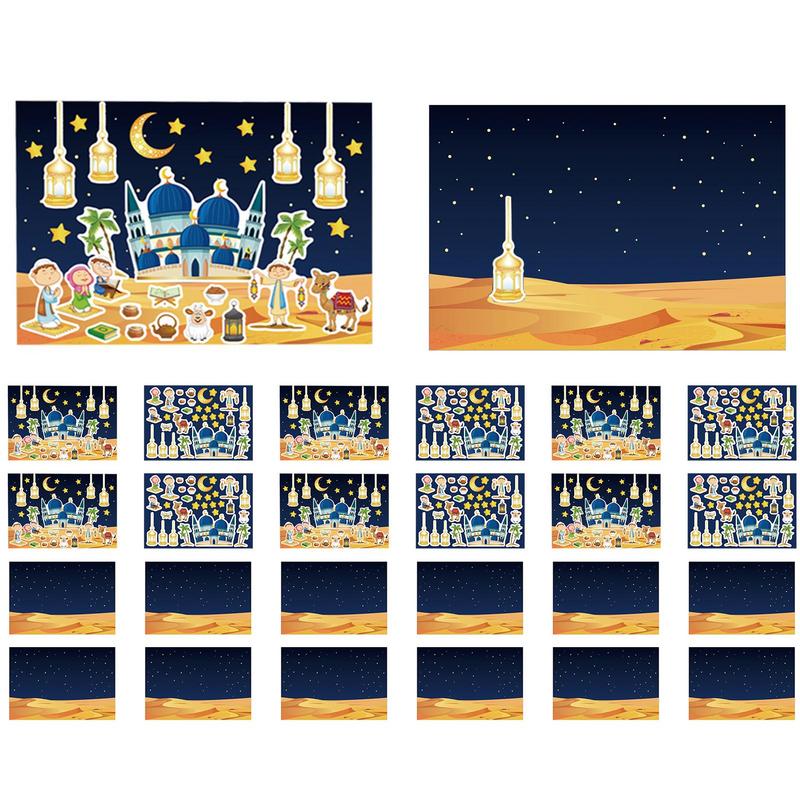 Eid Mubarak DIY Stickers 12Sheets Ramadan Moon Castle Elements Wall Decals Kids Puzzle Game Toys Islam Muslim Party Supplies