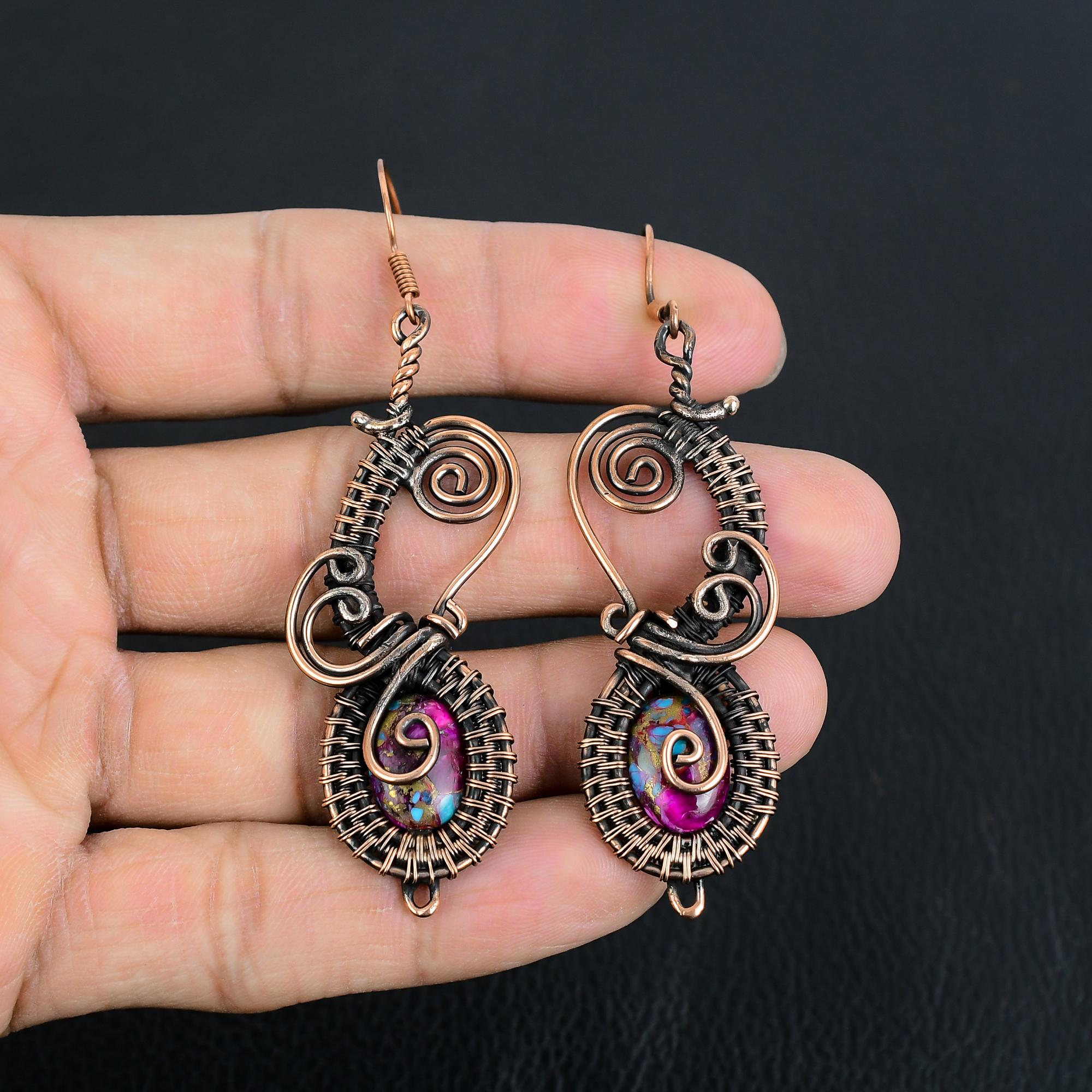 

Pink Spiny Oyster 999 Copper Wire Wrapped Earrings, Handmade Gemstone Jewelry Earrings, For Memorial Day