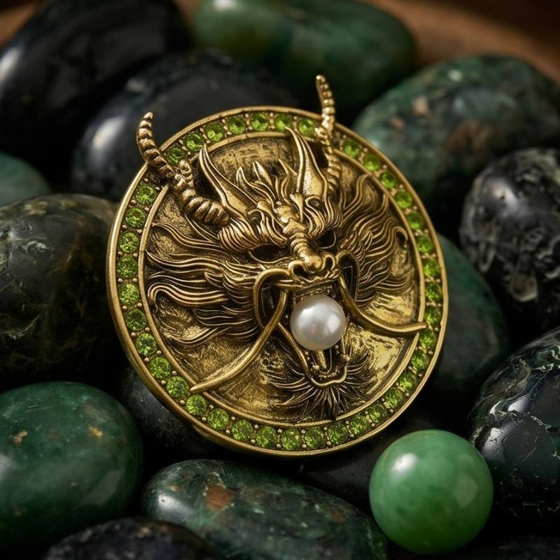 Dragon-pattern Pearl Brooch with Emerald Border Accessory - Personalized Badge Decoration Pin