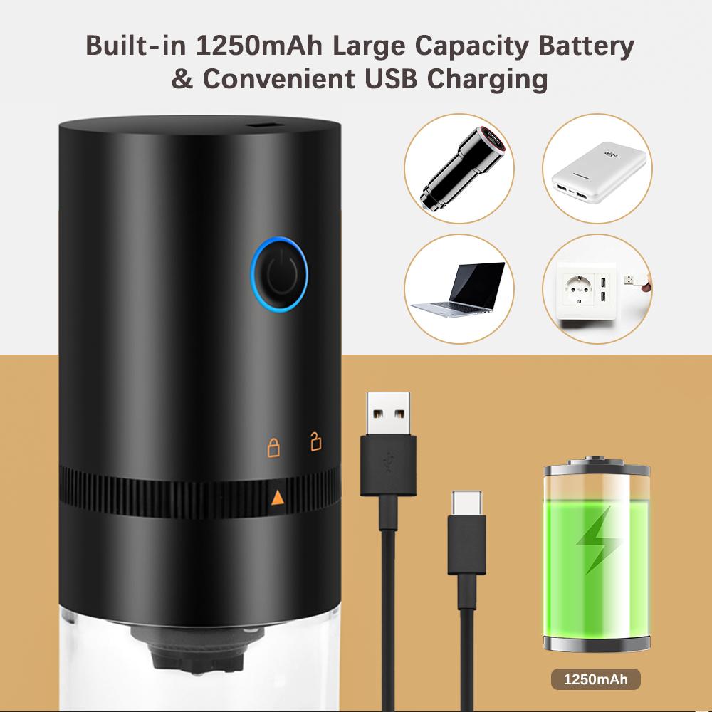 Přenosný elektrický mlýnek na kávu Mini Burr s nastavitelnou vyjímatelnou komorou pro hrubé jemné mletí