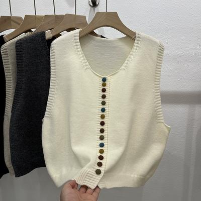 2026 Autumn Women Sleeveless Vest Sweaters Knitting Colorful Buttons Oversize Casual Style Loose Sweater
