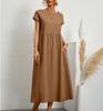 Summer Women Casual Loose Fit Sleeveless Cotton Linen Dress Solid Color Pocket