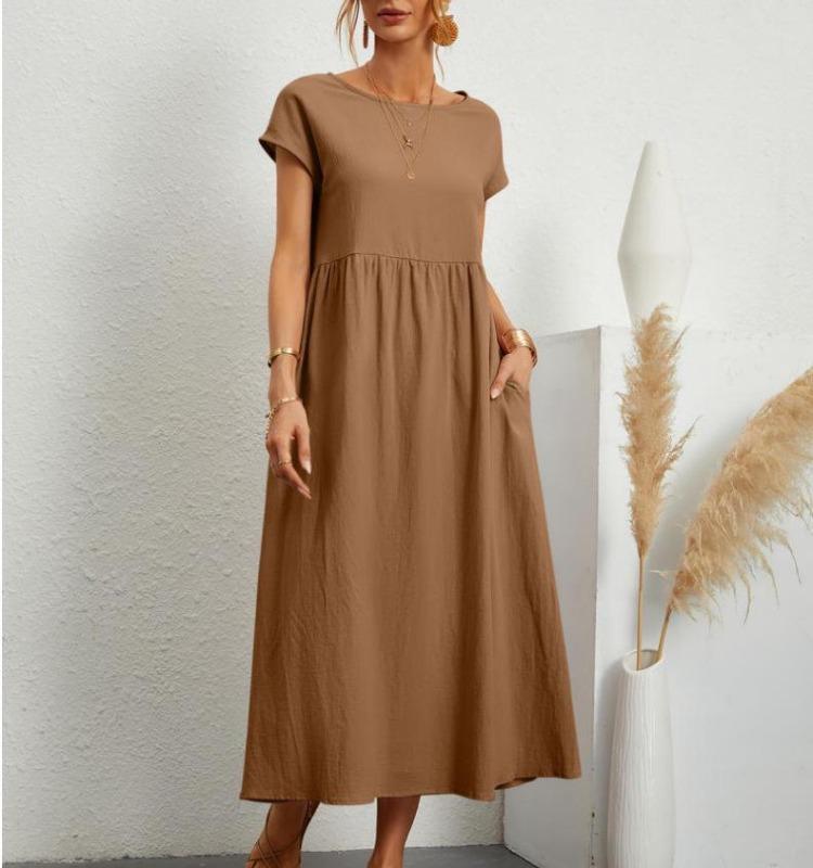 Summer Women Casual Loose Fit Sleeveless Cotton Linen Dress Solid Color Pocket