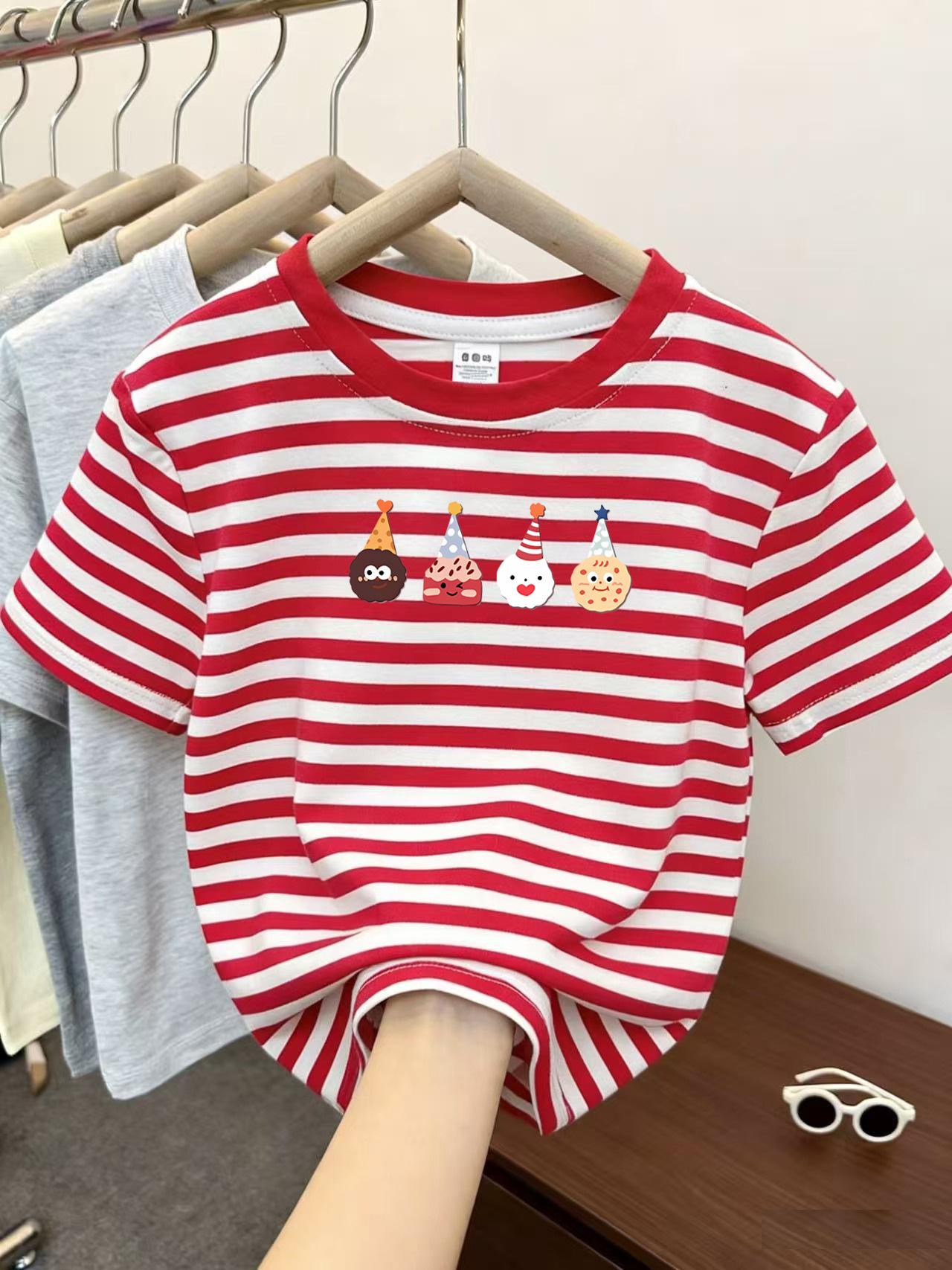 Girls Summer Cotton Striped Cartoon Print Short Sleeve T Shirt Round Neck Top 90