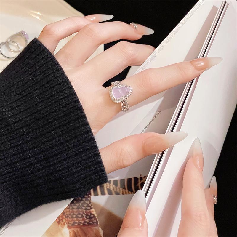 Violet Imitation Jade Gourd Open Ring With Diamonds Niche Design Light Luxury Unique High-End Sense Retro Ring Women