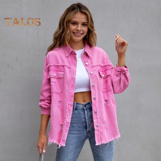 Women Denim Jacket Retro Single-breasted Ripped Hole Turn-down Collar Long Sleeves Solid Color Flap Pockets Lady Coat Commuting Shopping Coat
