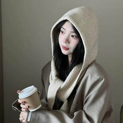 Autumn Winter Warm Hat And Scarf In One Korean Style Plain Casual Knitted Hat