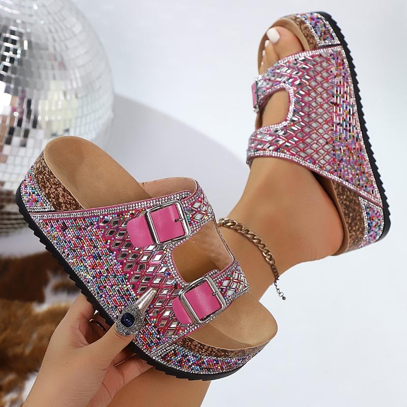Thick-soled Rhinestone European and American Sandals 2025 Summer Plus Size Belt Buckle Soft-soled Flip-flops Women