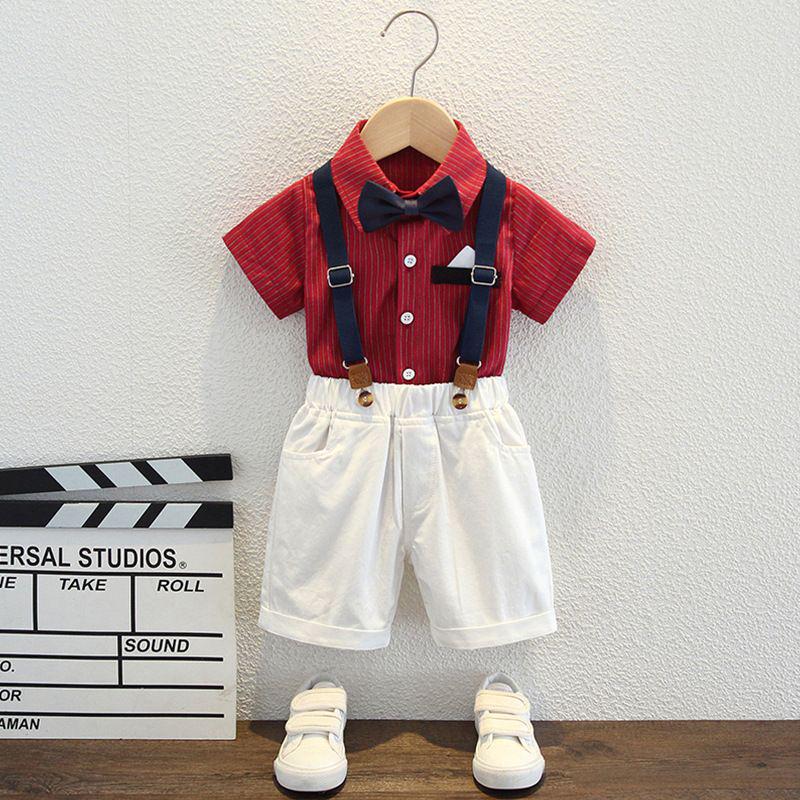 Baby Boy Short-Sleeve Shirt & Suspender Shorts Set - Toddler Summer Gentleman Outfit for 1-Year-Old Birthday
