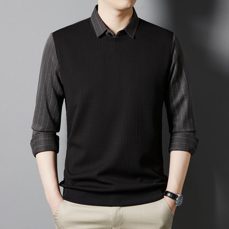 Fake Two-Piece Long-Sleeved Sweater Men's Undershirt New Knitwear Top Autumn and Winter Thickening Sweater