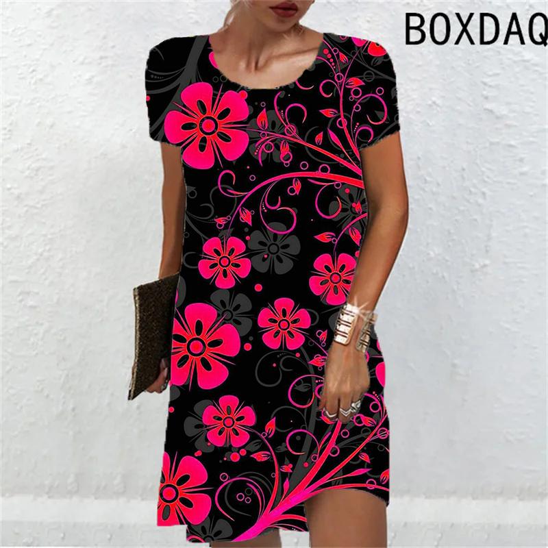 3D Flower Print Women Dress New Summer Sundress Elegant Fashion Short Sleeve O-Neck Loose Casual A-Line Dresses Ladies