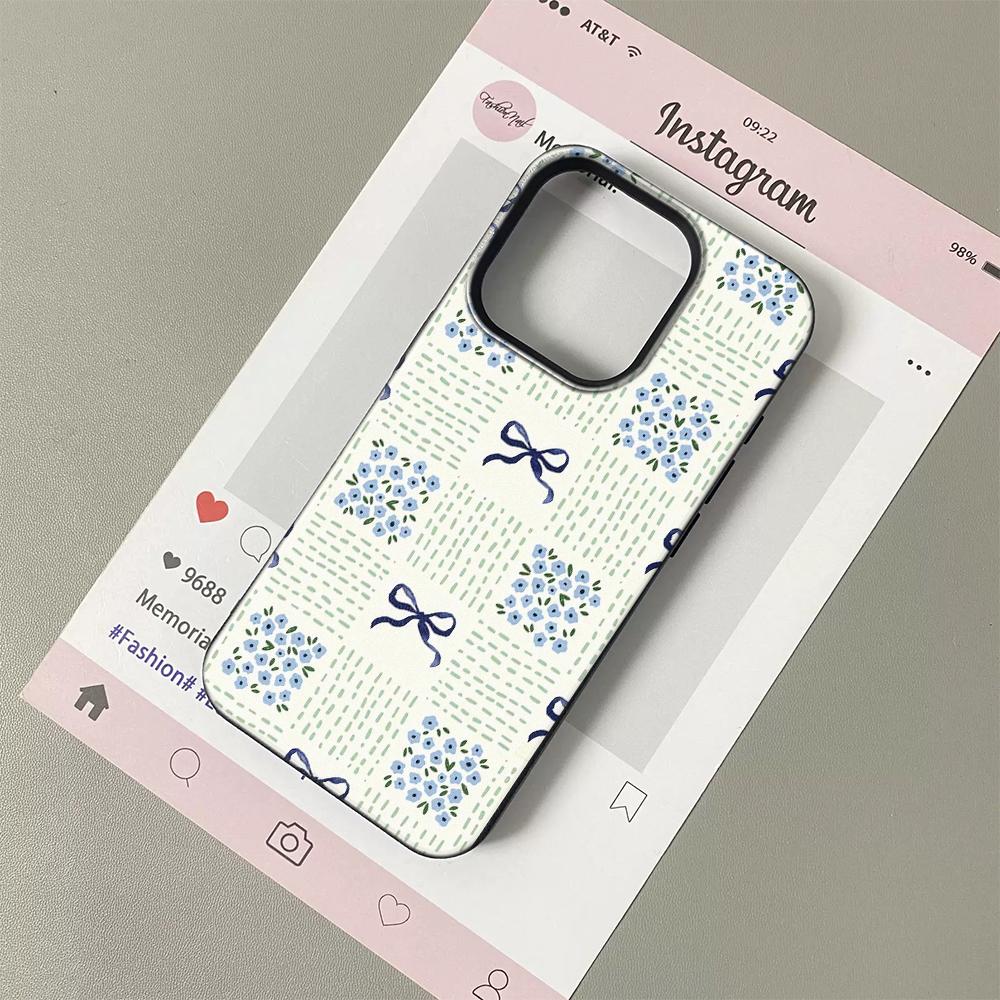 

Blue Floral Bow Gingham Lichee leather pattern Phone Case For Samsung A57 A36 A26 A07 A55 A35 A16 A24 A15 A14 A05S A05 4G 5G Samsung A52