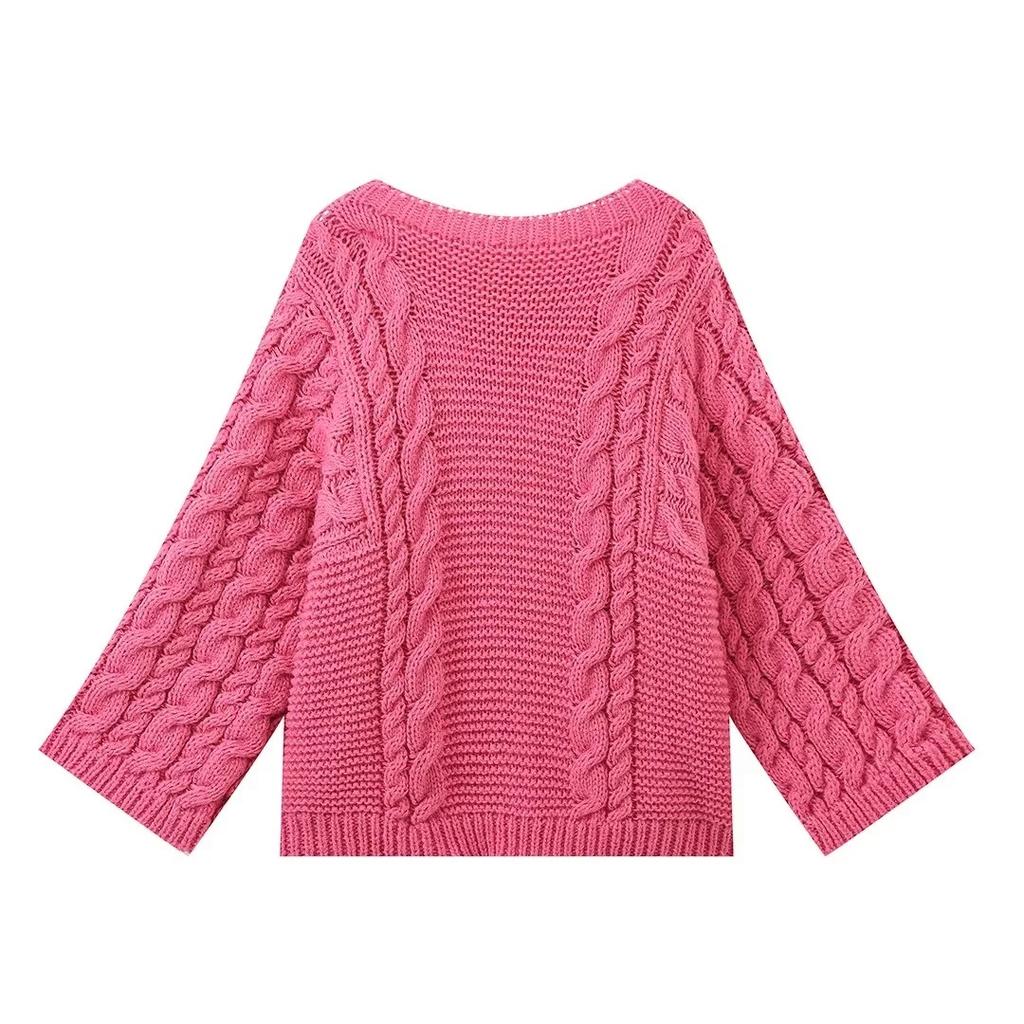 Women's Thick Line Big Twist Knitted Loose Sweater Pullover Fashion Casual Crochet Round Neck Sweaters Solid Color New Knitwear