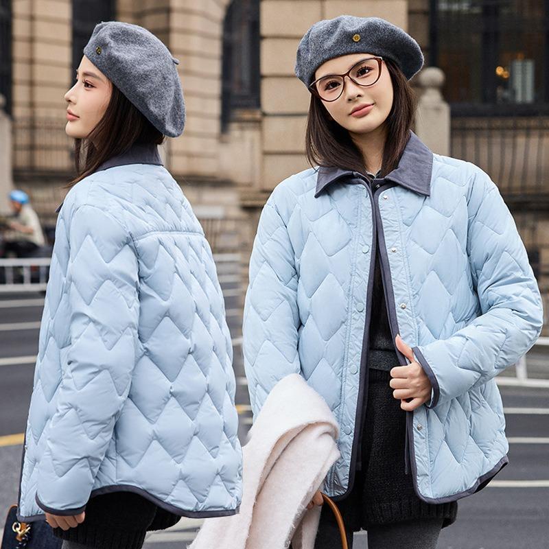 New Short Down Cotton-padded Clothes Women's Contrasting Colors Lapel Diamond Light and Loose Cotton-padded Jacket