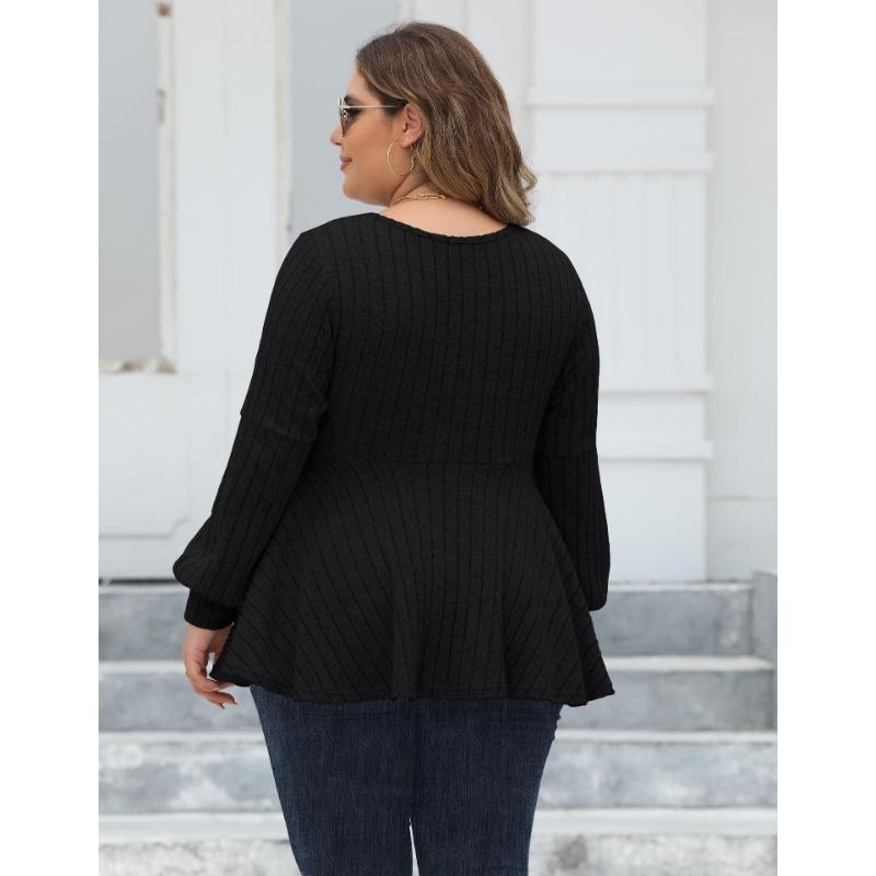 Женский свитер большого размера с рукавами-фонариками и V-образным вырезом на осень — фото 9