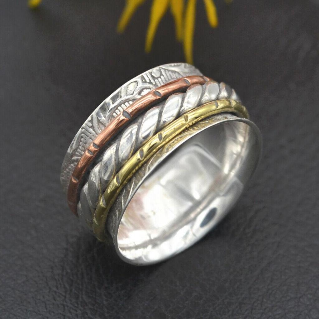 Three Tone Spinner Ring 925 Sterling Silver Statement Jewelry Handmade Ring