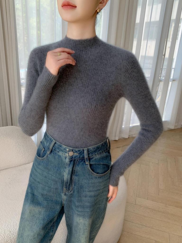 2025 Autumn/Winter High Neck Striped Cashmere Knit Slim Fit Sweater