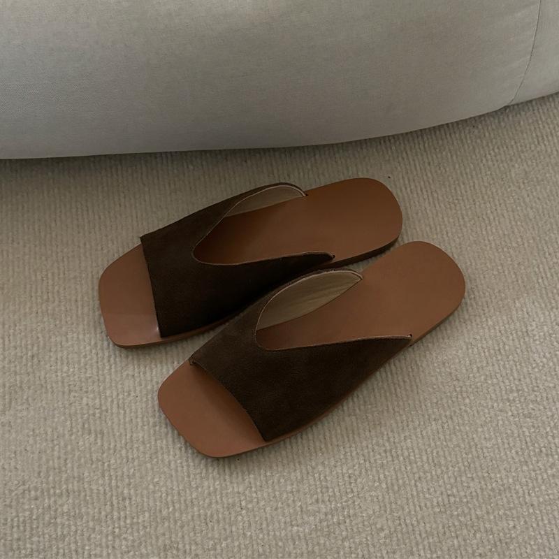 Korean Version of Niche Simple Leather Suede Exposed Square Head Slippers Women Wear Summer New One-word Flat Bottom Cool Slippers