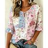 Damen Mehrfarbiger Print Krawattenfront V-Ausschnitt 3/4 Rüschenärmel Lockere Bluse, Lässiges Tägliches Oberteil