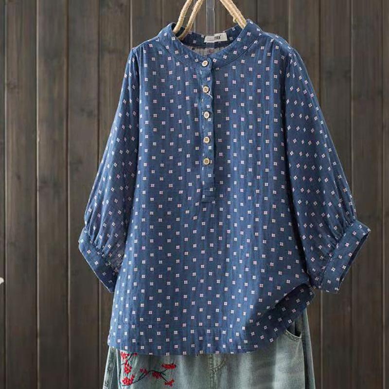 

Женская двухслойная рубашка из хлопчатобумажной пряжи, свободная рубашка из хлопковой пряжи с цветочным воротником-стойкой one size темно-синий