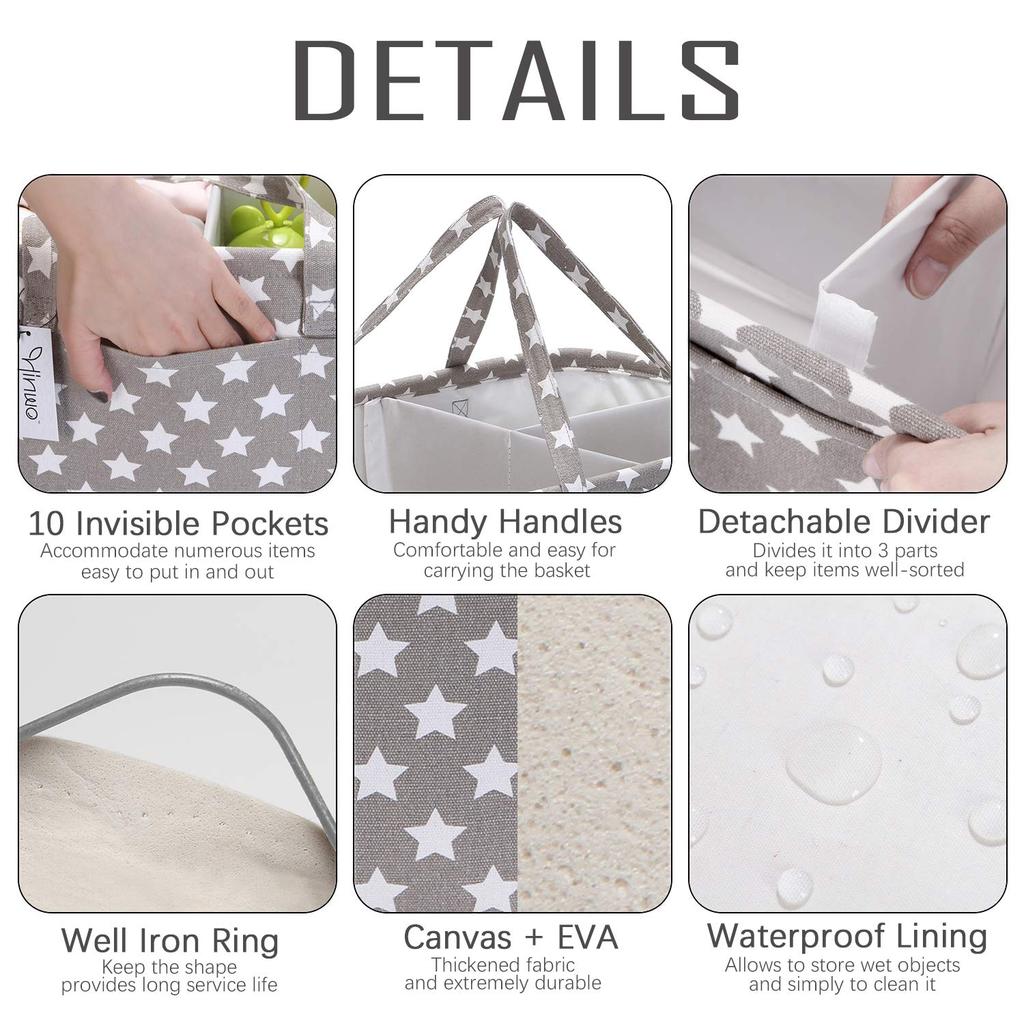 Hinwo Diaper Storage Bag, Diaper Pouch, Baby Supplies Storage Case, Basket, Bag, Box, Foldable, Baby, Baby Prep, Baby Gift (Gray Star)