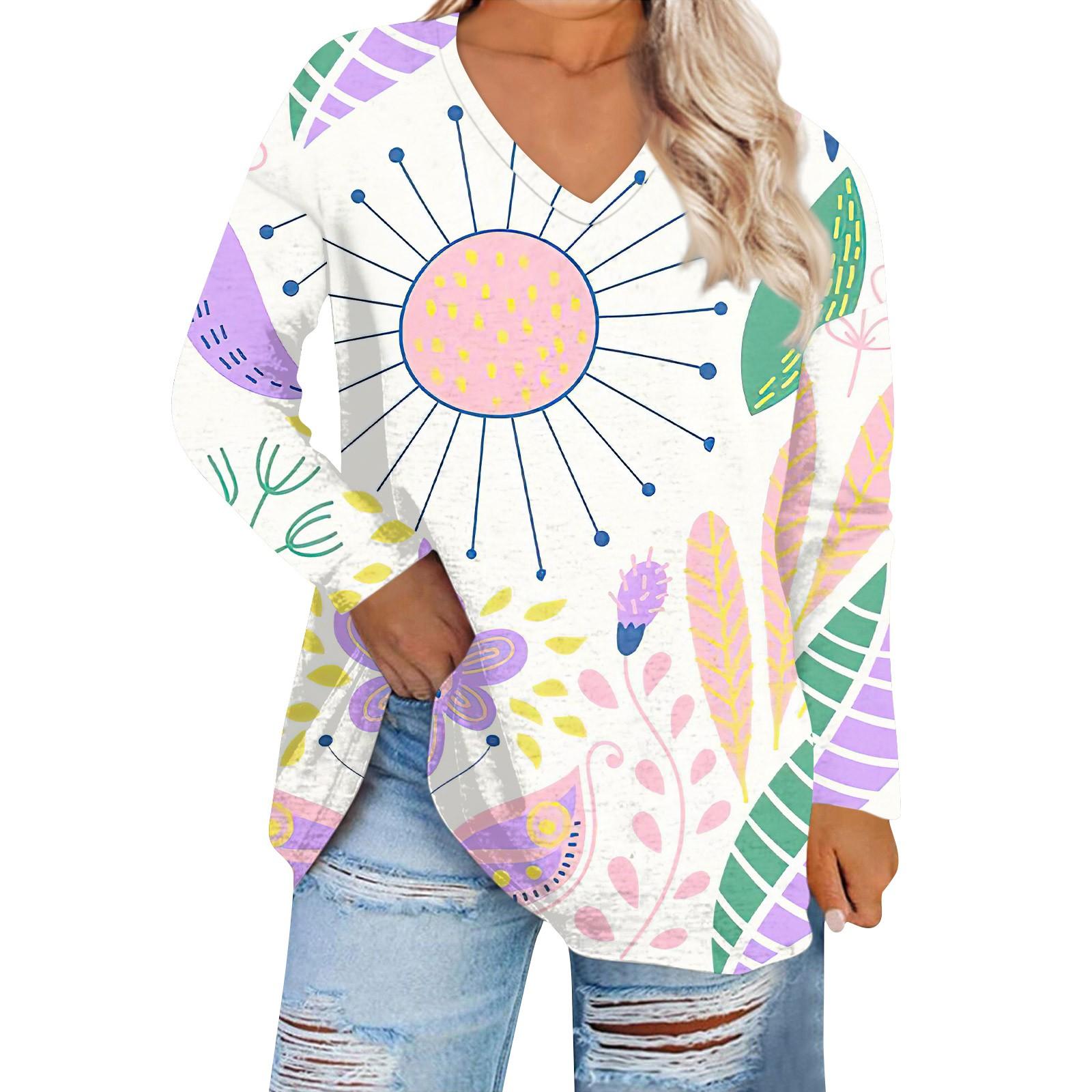 

Женская мода с цветочным принтом и v-образным вырезом плюс размер повседневная футболка с длинным рукавом Топ XXXXXL белый