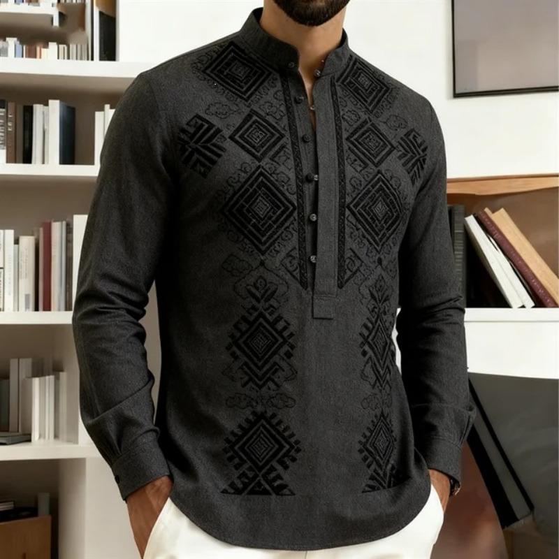 Men Geometric Ethnic Print Stand Collar Long Sleeve Shirt