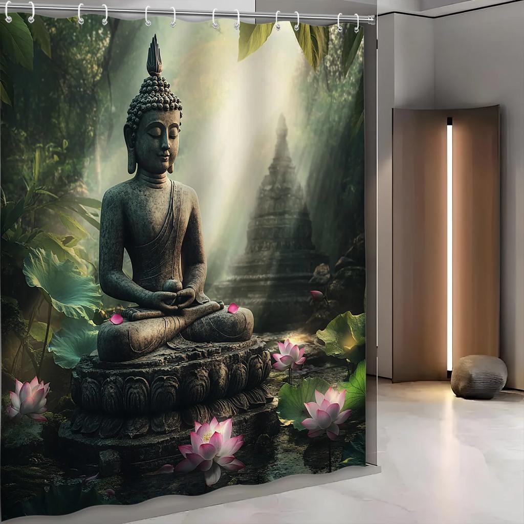 Buddha Curtain - Lotus, Bronze Statue, Green & Pink Flowers, Jungle Scene, Polyester, 70In, 12 Hooks, Machine Washable