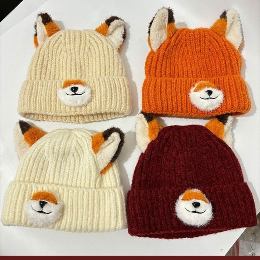 Cartoon Design Pullover Hats Thickened Winter Beanies Y2K Fox Ears Beanies  for Women and Men