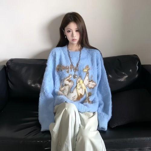 Мультяшный жаккардовый женский свитер с круглым вырезом, плюшевый, женский трикотажный свитер с длинным рукавом, повседневный корейский свободный женский пуловер топ XL синий